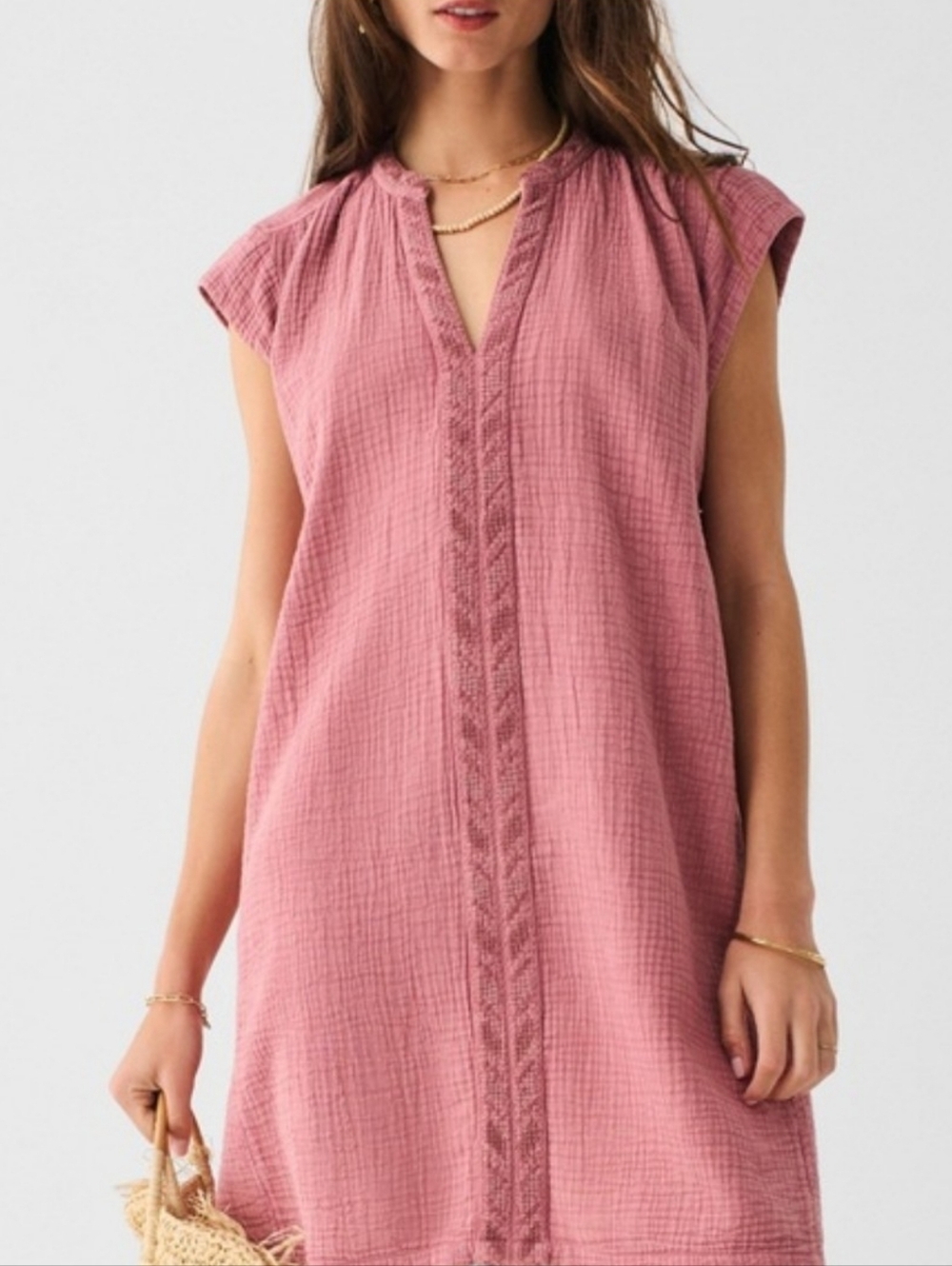 Faherty Cotton Gauze Lucia Dress Womens M Pink Sleeveless Tunic Mini